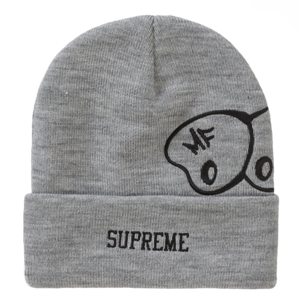 NWT FW23 SUPREME NEW YORK x MF DOOM LOGO BOGO HEATHER GREY BEANIE KNIT HAT RARE - Picture 4 of 5